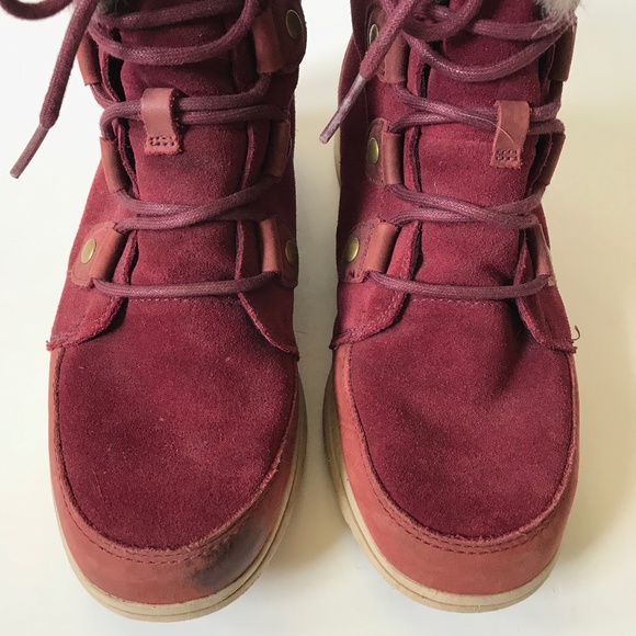 Sorel Explorer Joan Waterproof Boots Womens 8.5 Red Maroon Suede Faux Fur Snow - Picture 7 of 12